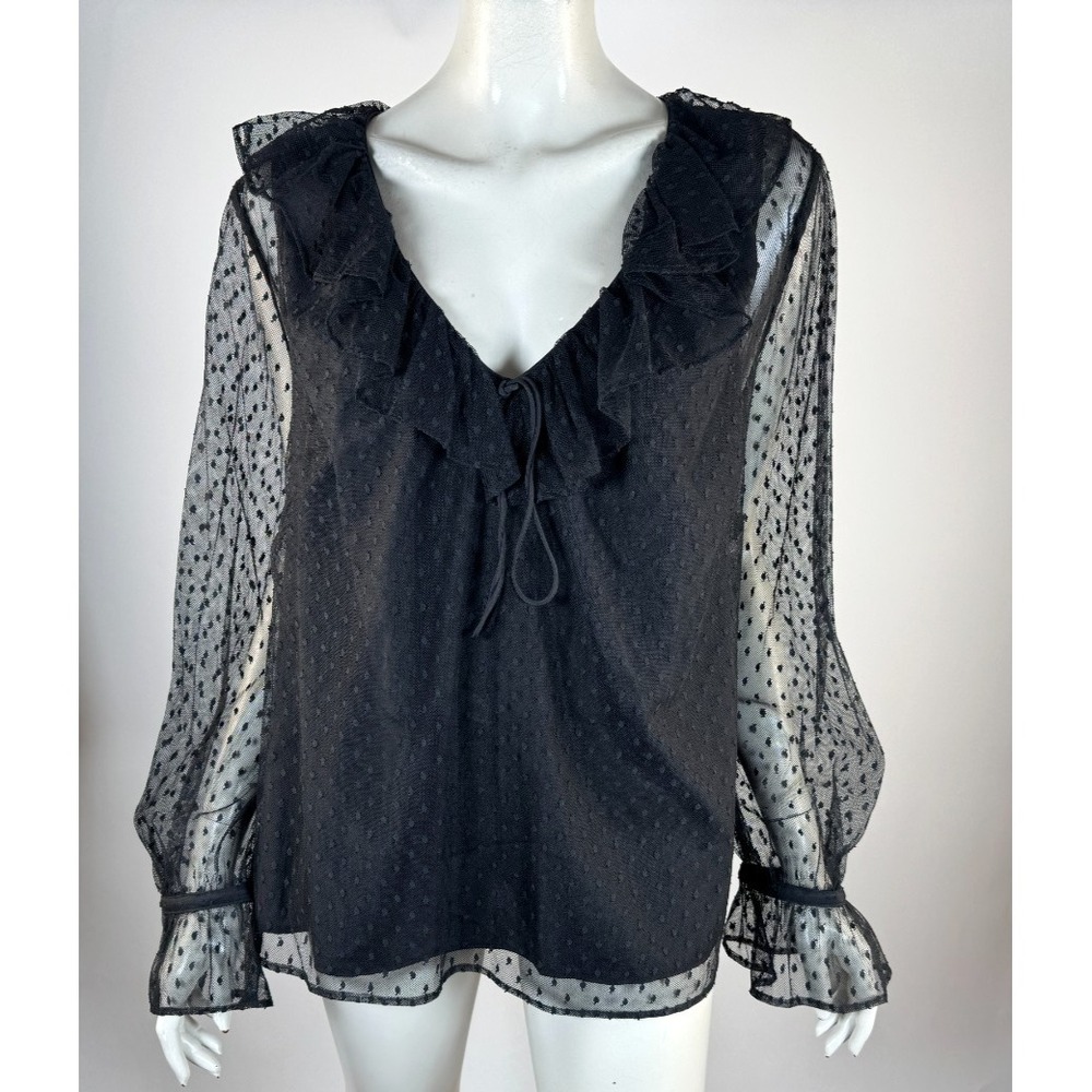 J Crew Ruffle Neck Top in Clip Dot Women 2X NWT $118 Lined Long Sleeve Sheer